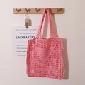 Pink handmade crochet tote bag with hollow heart pattern and casual net design - Square Inverted Triangle Embroidery Style / Pink