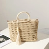 Borsa a mano in paglia beige traforata con manici rotondi e dettaglio nappa decorativa - Beige