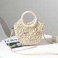 Borsa a tracolla in paglia fatta a mano con fiori di conchiglia e manico rotondo - Beige