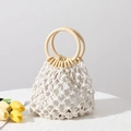 Handmade woven straw beach bag with round wooden handles and cotton lining for vacation - Hollow Wood Handle With Creamy White Liner / Off White