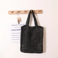 Handmade black crochet shoulder bag featuring minimalist open-weave straw design - Square Inverted Triangle Embroidery Style / Black