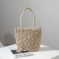 Handcrafted beige straw tote bag with hollow floral crochet patterns for beach vacations - Beige