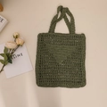 Grass green crochet straw tote bag with heart pattern and hollow mesh design - Square Inverted Triangle Embroidery Style / Green