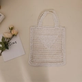 White crochet hollow tote bag with intricate knit pattern for summer beach vacations - Square Inverted Triangle Embroidery Style / White