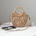 Borsa a tracolla in paglia naturale con fiori di conchiglia e manico rotondo - Marrone