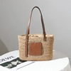 Square woven straw tote bag with brown leather straps and patch in natural beige color - Leather Strap Coffee