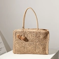 Borsa tote in paglia beige traforata con motivi floreali e ciondolo a pompon donna - Un Lato Floreale (Caffè) / caffè