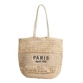 Détail du sac cabas tissé main avec texte noir PARIS depuis 1970 et base arrondie - Style Doublé (1970) / Beige