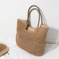 Bolso tote de paja tejido a mano con asas de rayas blancas y negras para la playa - Café (Sin Bufanda)