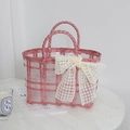 Bolso capazo de paja trenzada rosa y transparente con lazo de encaje para mujer - Bolso Jelly Rosa (Bolso Desnudo)