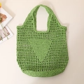 Green hollow straw tote bag with heart pattern and integrated handle for summer - Hollow Heart / Green