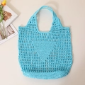 Light blue open-work woven straw tote bag for summer beach outings with large capacity - Inverted Triangle Hollow / Blue