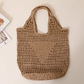 Large khaki hollow straw tote bag with central triangle knit design for beach use - Light Coffee