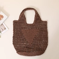Brown crochet straw tote bag with hollow grid pattern and triangle knit design - Dark Coffee