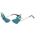 Trendy triangle cat eye sunglasses with blue flame lenses and slim silver metal temples - C03 Dark Green