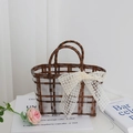 Bolso rosa para dama de honor en paja trenzada con gran lazo de encaje blanco floral - Bolso Jelly Café (Bolso Desnudo)