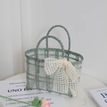 Cesta tejida verde claro para damas de honor con lazo grande de encaje blanco - Bolso Jelly Verde (Bolso Desnudo)