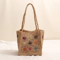 Borsa a tracolla in paglia di rafia con ricami floreali colorati per la spiaggia - Floreale Legno Naturale