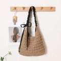 Straw shoulder bag with black ribbon bow and pleated strap for summer beach vacation - Lace-up Bow (Natural Color with Black Bow)