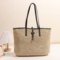Borsa tote in paglia fatta a mano con cinghie in PU nero e fibbia per vacanze al mare - Abbinamento Nero Minimalista (Patchwork Beige e Nero)