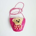 Detail of rose red straw crossbody bag for kids with cute plush bear head and bow - Rose Red