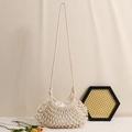 Chic beige cotton woven crossbody bag with hollow mesh design and drawstring pouch - Off-white with Beige Liner