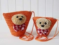 Close-up of straw woven crossbody bags with teddy bear decor and zip closure - 2-Piece Set (Large & Small) / Orange