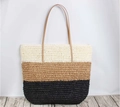 Detail of striped straw tote with cream, camel, and black panels and leather straps - Three-Color Mixed