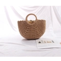 Minimalist straw woven semi-circular beach handbag with wooden ring handle and drawstring - Small Style (Yuan Dou Xiao Hao Ka Se) / Brown