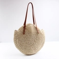 Handmade round straw tote bag with brown leather handles and woven spiral texture - Off White