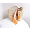 Handmade semi-circular straw bag with round handle and orange printed silk scarf - Off-white + Carriage Orange Scarf