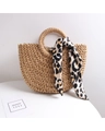 Handmade straw bag in semi-circle shape with leopard print scarf and top handle - Coffee + Leopard Scarf