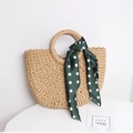 Handmade semi-circle straw handbag in natural brown with a green polka dot silk scarf - Coffee + Green Polka Dot Scarf