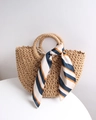 Handmade semi-circle straw tote bag with silk scarf and round handles for beach vacation - Coffee + Brown Striped Scarf