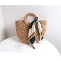 Handmade straw tote bag in beige with half-moon shape and decorative printed silk scarf - Coffee + Green Wave Striped Scarf