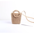 Minimalistische Stroh-Eimertasche mit Doppelgriffen und langem Riemen für den Sommer - Kaffee (Kleines Trapez Mit Rundem Griff)