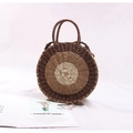 Handmade circular straw bag with tri-color striped design and sturdy top handles - Round Brown + Camel