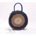 Round woven straw handbag with three-color tiered design for beach vacation and summer - Round Blue + Camel