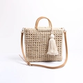 Borsa da spiaggia in paglia fatta a mano con manici in legno e nappina - Fibbia a Catena Nappa (Beige)