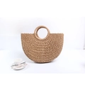 Schicke beige geflochtene Strohhandtasche mit runden Griffen für sommerlichen Strandstil - L / Braun