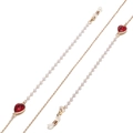 Detail of gold glasses chain with white pearls and red teardrop crystal pendants - Red