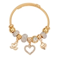 Gold stainless steel beaded bracelet featuring heart and swan charms with rhinestones - Gold