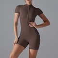 Detailed close-up of dark brown yoga bodysuit featuring half-zipper stand collar design - S / Ebony Brown