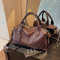 Deep brown lychee pattern leather boston bag with top handles and adjustable strap - Litchi Texture Style / Coffee