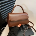 Minimalist dark brown PU leather crossbody bag with curved top handle and strap - Brown