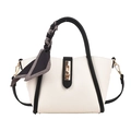 Retro white tote bag with black contrast trim, gold lock, and houndstooth scarf detail - White/Black