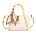 Cream white lychee leather handbag with yellow handles and houndstooth scarf decor - White and Yellow