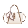 White pebbled leather tote bag with brown trim, golden lock and plaid silk scarf - White/Khaki