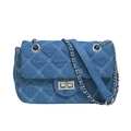 Blue denim crossbody bag with classic quilted stitching and silver chain strap - Blue