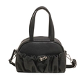 Fashionable black shell bag with pleated design and silver metallic buckle details - Black